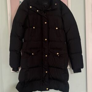 J. Crew Women's Dark Puffer Jacket with Gold Buttons